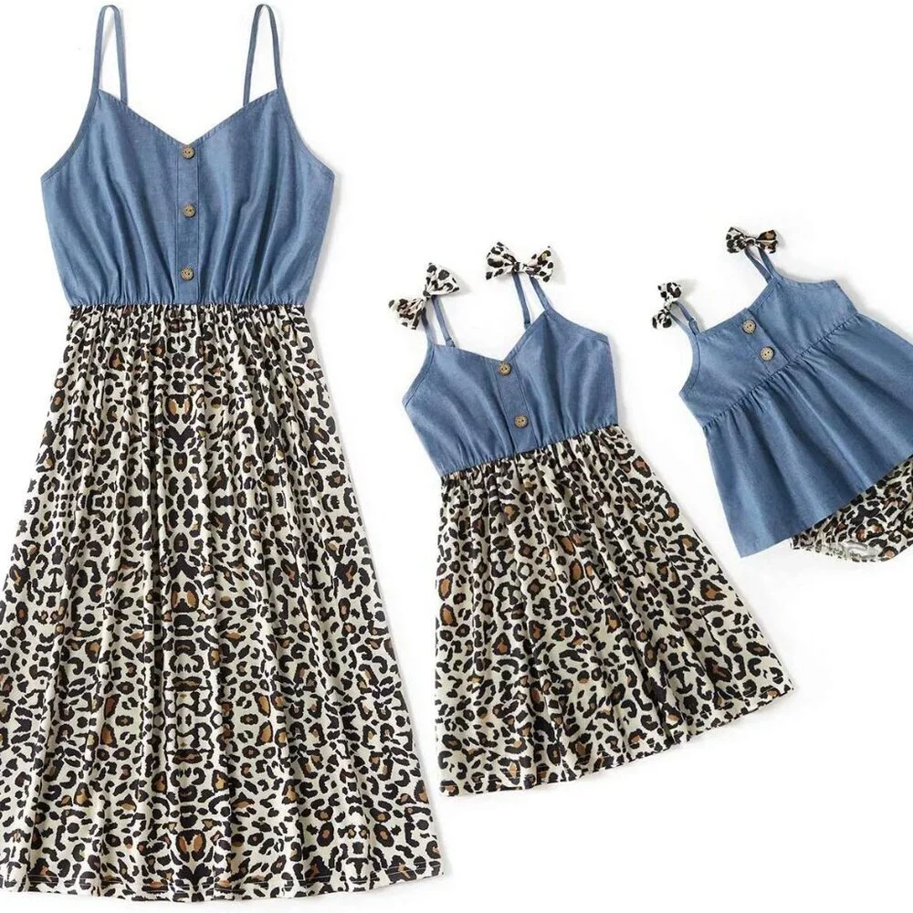 Mommy and Me Dresses Kids and Adults Sleeveless Leopard Solid Tank - Picture 1 of 6